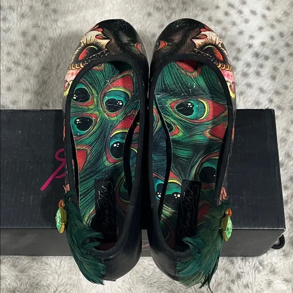 Iron Fist Black Multi Floral Skull Ballet Flats with Green Feather Accent - Picture 5 of 9